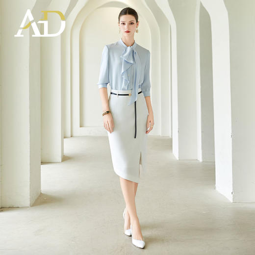AD立体褶裥蓝色衬衫女士通勤职业装衬衣夏季薄款双面缎仿真丝上衣 商品图1