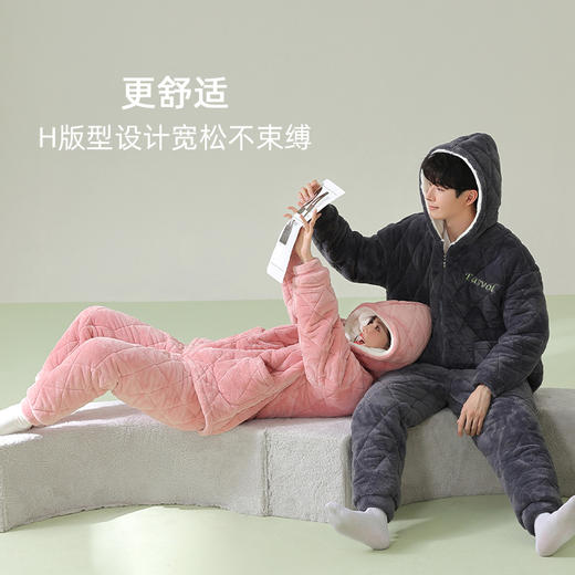 【夹棉暖衣】自然醒「怦然心动」贵妃绒三层加厚夹棉情侣睡衣冬季保暖珊瑚绒家居服女大码男士套装JLM 商品图7