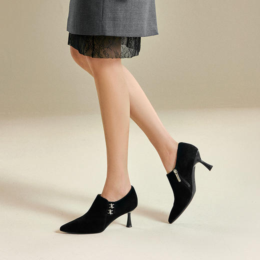 【静音系列】千百度细高跟时装靴女踝靴水钻扣饰短靴A25471666 商品图4