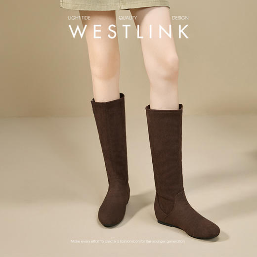 西遇不过膝长筒靴女新款秋冬复古显瘦绒面堆堆靴子内增高长靴V2157199 商品图1
