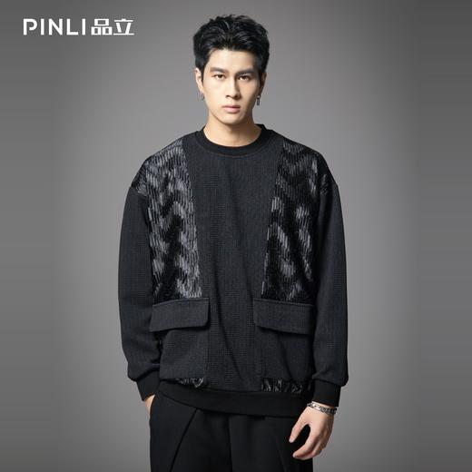 PINLI品立春季新款拼接贴袋圆领卫衣潮牌休闲宽松长袖上衣男B253109100 商品图0