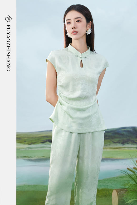 FUYAO扶摇 绿色衬衫阔腿裤两件套女夏季新款盐系轻熟国风茶服套装 商品图5