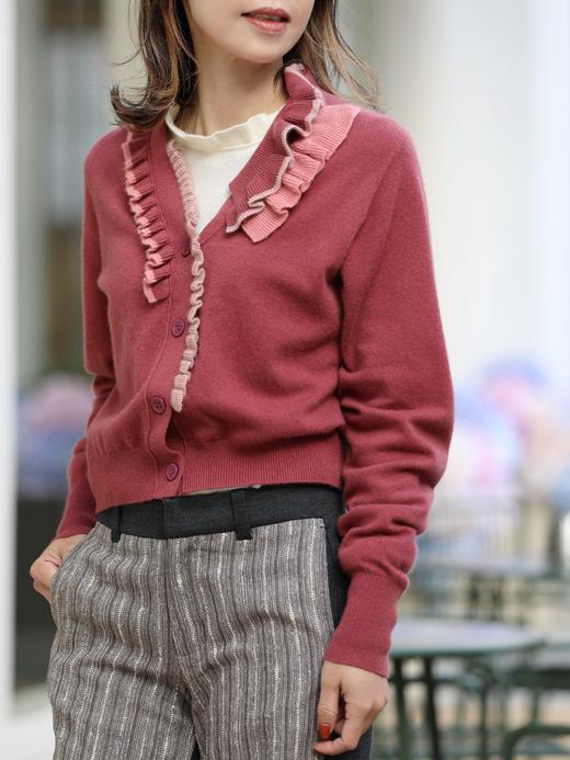 TYNVIE 撞色荷叶边装饰羊绒开衫- 砖红色 商品图6