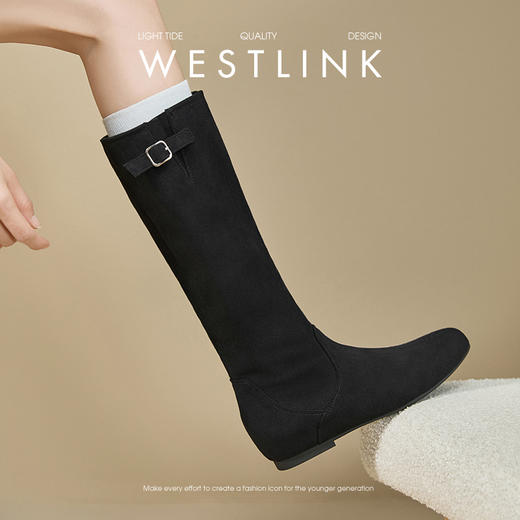 西遇不过膝长筒靴女新款秋冬复古显瘦绒面堆堆靴子内增高长靴V2157199 商品图2