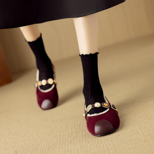 【预售5天】复古圆头真皮毛里，珍珠玛丽珍保暖单鞋NJMK&K1133M-1 商品图4