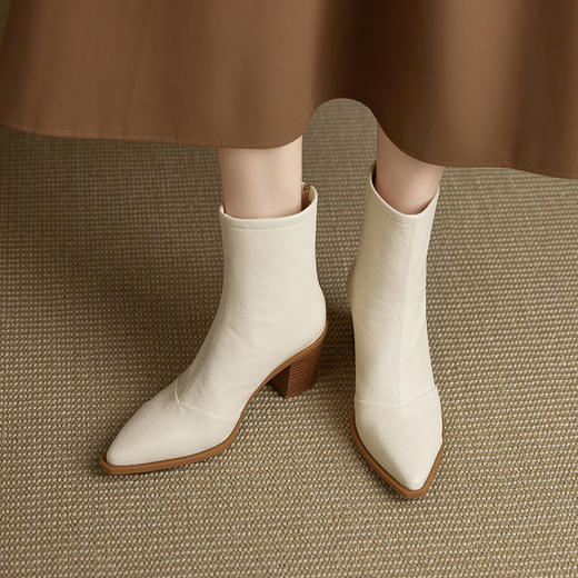 【预售5天】复古气质尖头粗跟短靴女后拉链高跟切尔西靴显瘦真皮裸靴YS&A1906 商品图1