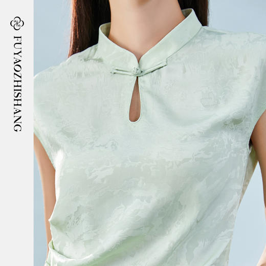 FUYAO扶摇 绿色衬衫阔腿裤两件套女夏季新款盐系轻熟国风茶服套装 商品图2