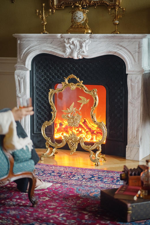 独角鹿西洋古董19世纪法国出品路易十五风格铜鎏金雕饰飞鸟乐器主题壁炉屏风 商品图1