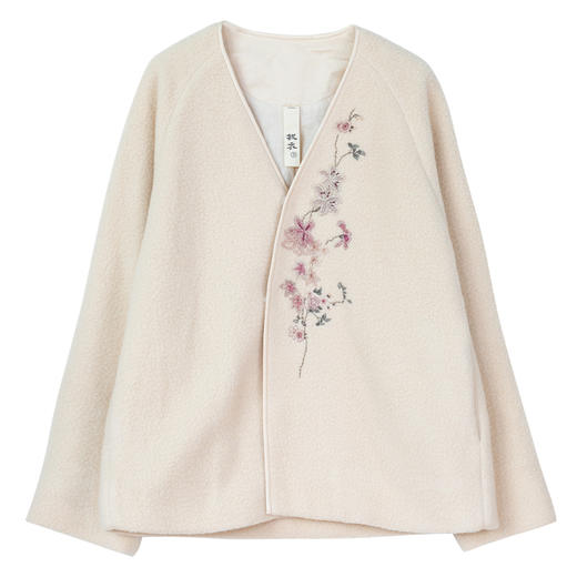 牧衣游原创手工刺绣棉羊毛毛呢短外套冬V领文艺百搭保暖开衫 植往 商品图4