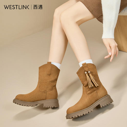 西遇厚底西部牛仔靴女新款秋冬V口流苏堆堆靴美拉德圆头短靴V2157202 商品图2