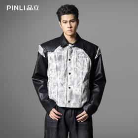 PINLI品立2025秋季新款宽松翻领PU皮衣茄克拼接牛仔衣机车外套男GD253104155