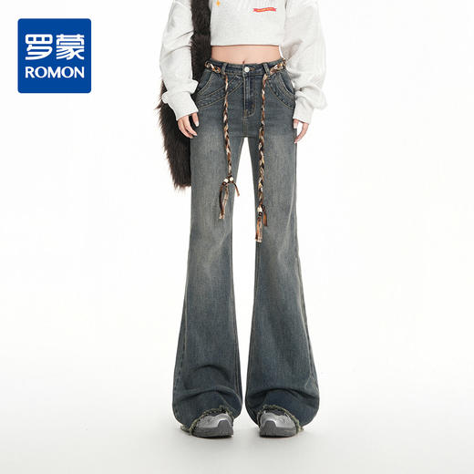 罗蒙秋冬女士复古牛仔裤浅色微喇修身马蹄喇叭高腰显瘦弹力拖地长裤 商品图0