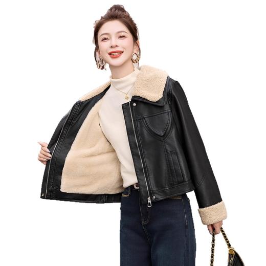 羊羔毛拼接加绒黑色皮衣，加厚保暖小个子皮夹克外套HR-9802 商品图4