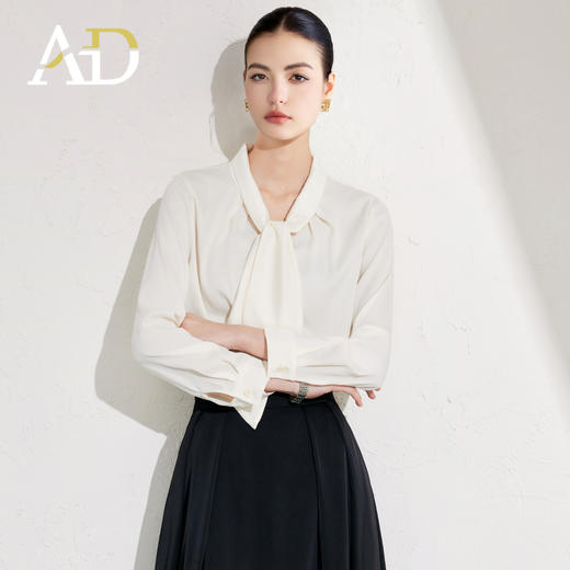 AD衬衫2025新款光泽感面料飘带装饰白上衣女设计感微宽松休闲衬衣 商品图3