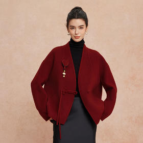 QH900斯尔丽25新款新国风双面双色手工盘花宽松气质高雅短羊毛大衣