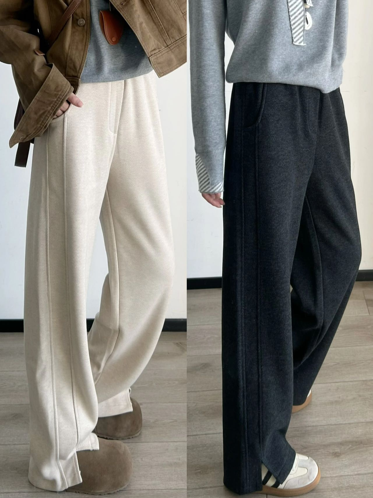 送8元退货运费【羊毛人字纹开又毛呢直筒裤】加绒面料620克高克重，保暖不臃肿，高奢高支羊毛面料，上身秒升温，宽松挺阔版型，侧缝开又设计，上身巨显瘦