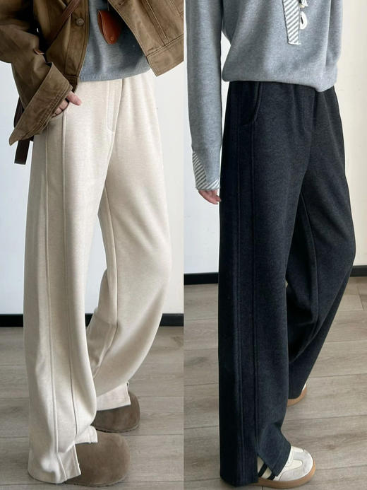 送8元退货运费【羊毛人字纹开又毛呢直筒裤】加绒面料620克高克重，保暖不臃肿，高奢高支羊毛面料，上身秒升温，宽松挺阔版型，侧缝开又设计，上身巨显瘦 商品图0