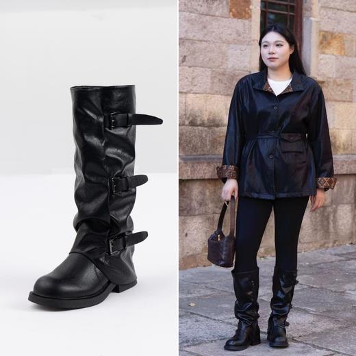 15天发货【皮标扣高筒靴】跟高4厘米，不加绒，正码正拍，不挑腿型！靴筒够宽！穿脱超方便，小腿不被勒得慌【皮面PU皮，发泡鞋底轻盈】 肌肉腿、肉肉腿、不直溜的腿，它都能给你修饰得又长又直！ 商品图0