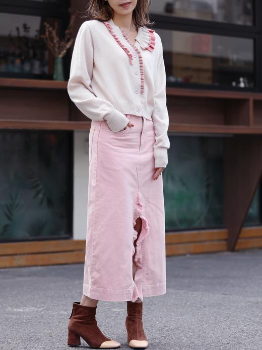 TYNVIE 撞色荷叶边装饰羊绒开衫- 白色 商品图6