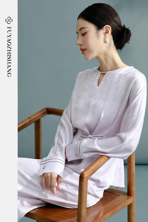 FUYAO扶摇 鎏金盘扣衬衫女新中式提花打缆套装文艺禅意风气质衬衣 商品图5