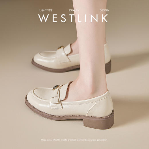 【限时秒杀】西遇法式乐福鞋女新款秋季瘦版山茶花通勤低跟单鞋棕色小皮鞋V0047621 商品图5