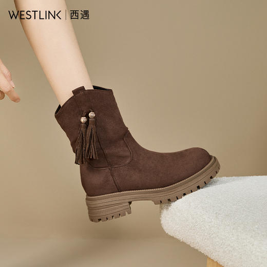 西遇厚底西部牛仔靴女新款秋冬V口流苏堆堆靴美拉德圆头短靴V2157202 商品图1