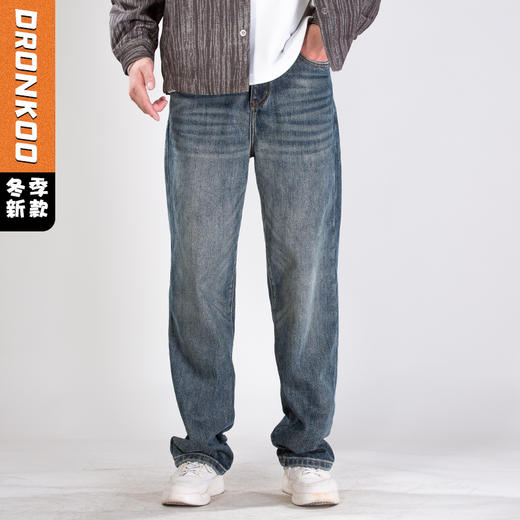 DRONKOO 2025 正常腰表袋剪破拼接复古洗水底磨毛中厚牛仔长裤 商品图0