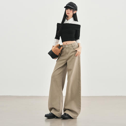 罗蒙秋冬牛仔裤女士美式卡其色高腰直筒百搭宽松显瘦阔腿拖地长裤子 商品图3
