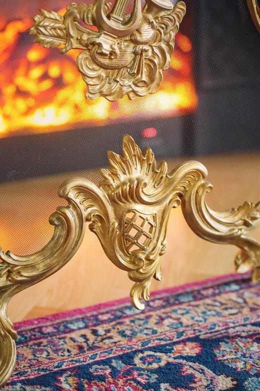 独角鹿西洋古董19世纪法国出品路易十五风格铜鎏金雕饰飞鸟乐器主题壁炉屏风 商品图6