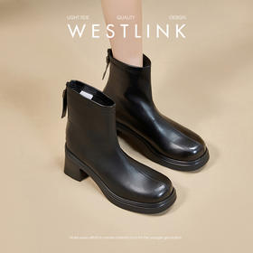 西遇粗跟短靴女新款秋冬显瘦百搭马丁靴黑色圆头切尔西靴子V2257268