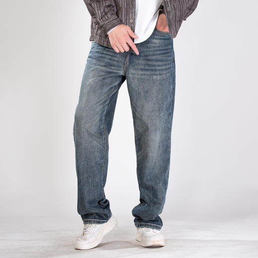 DRONKOO 2025 正常腰表袋剪破拼接复古洗水底磨毛中厚牛仔长裤 商品图1