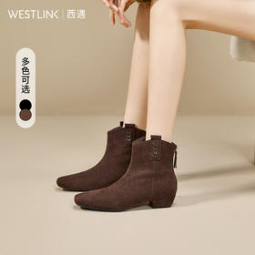 西遇方头短靴女新款秋冬法式绒面V口低跟切尔西靴黑色瘦瘦靴V2157197