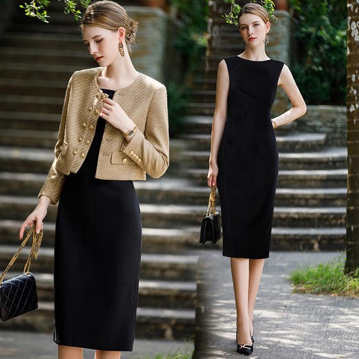 AD时尚减龄西装套装女秋冬新款粗花呢短外套百搭修身显瘦两件套裙 商品图2