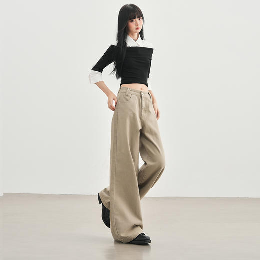 罗蒙秋冬牛仔裤女士美式卡其色高腰直筒百搭宽松显瘦阔腿拖地长裤子 商品图2