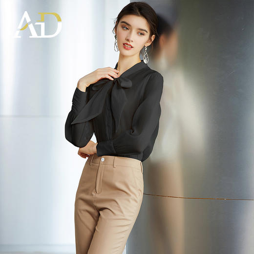 AD高级感黑色衬衫女蝴蝶结上衣春季长袖显瘦衬衣职场时尚通勤女装 商品图3