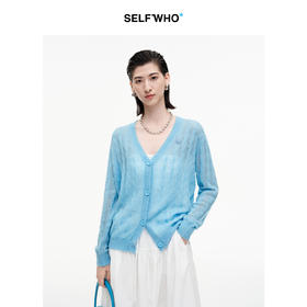 SELFWHO笑脸衣橱山羊绒混纺镂空扭麻花针织衫女2025冬新款V领上衣