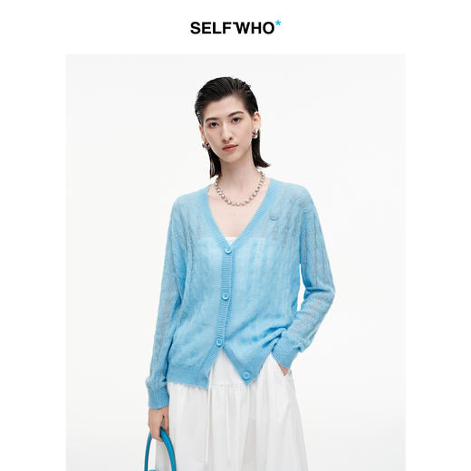 SELFWHO笑脸衣橱山羊绒混纺镂空扭麻花针织衫女2025冬新款V领上衣 商品图0
