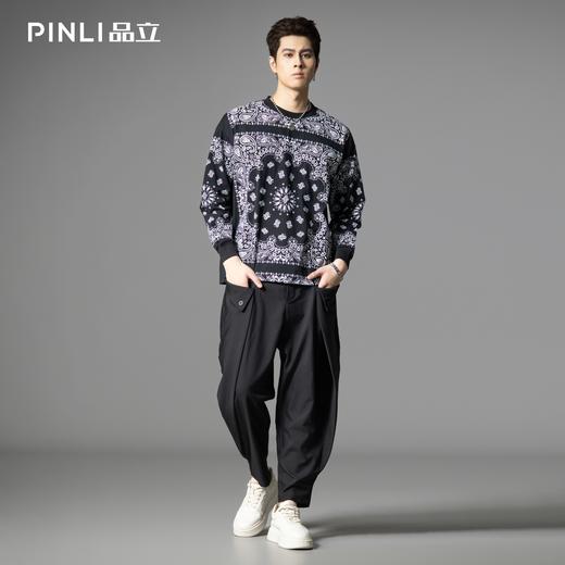 PINLI品立2025秋季新款腰果花宽松长袖T恤男士复古休闲印花上衣潮B253111040 商品图1