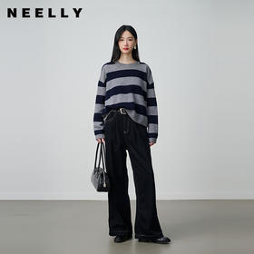 NEELLY纳俪商场同款冬季新款复古明线阔腿牛仔裤女时尚高腰长裤N25104H04524
