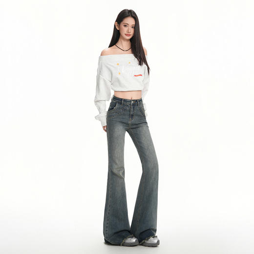 罗蒙秋冬女士复古牛仔裤浅色微喇修身马蹄喇叭高腰显瘦弹力拖地长裤 商品图3