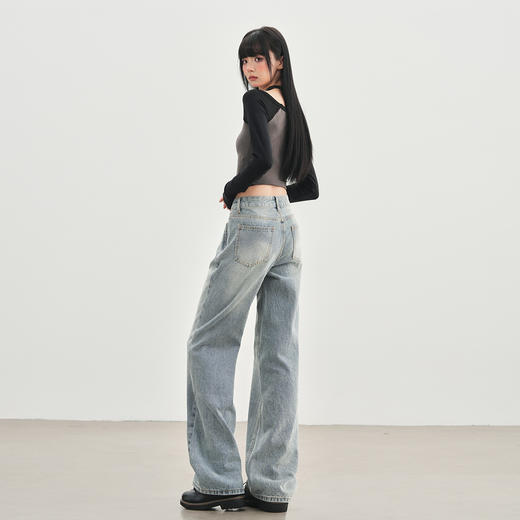罗蒙秋冬窄版浅色牛仔裤女士复古美式直筒裤宽松显瘦阔腿拖地长裤子 商品图5