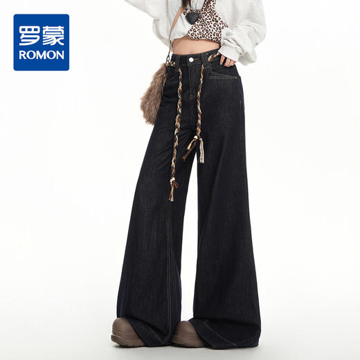 罗蒙秋冬美式复古女士牛仔裤深色高腰喇叭裤宽松显瘦阔腿拖地长裤 商品图0