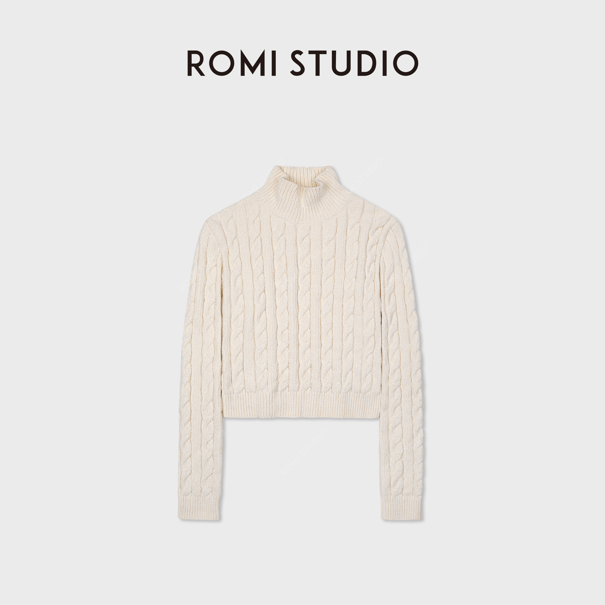 ROMI STUDIO100%雪尼尔纱线绒面绞花编织高领套头毛衫 RWCASZ3775