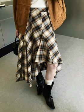 [特价]设计感复古不规则格子半身裙中长款显瘦高腰a字裙2505053