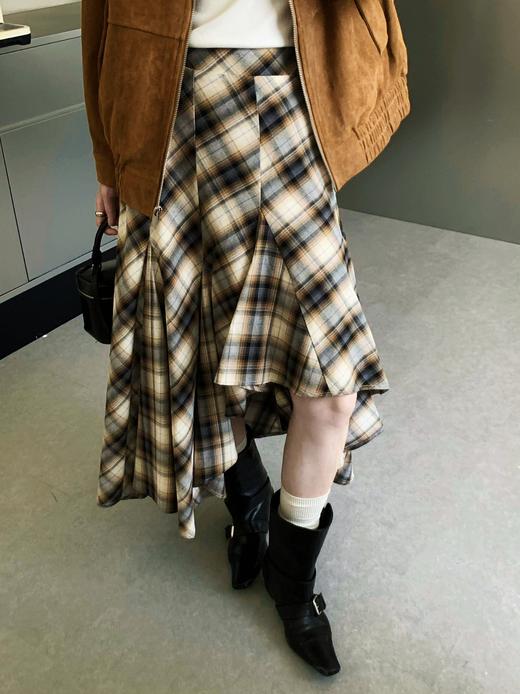 [特价]设计感复古不规则格子半身裙中长款显瘦高腰a字裙2505053 商品图0