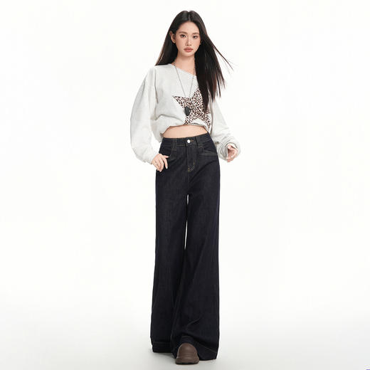 罗蒙秋冬美式复古女士牛仔裤深色高腰喇叭裤宽松显瘦阔腿拖地长裤 商品图4