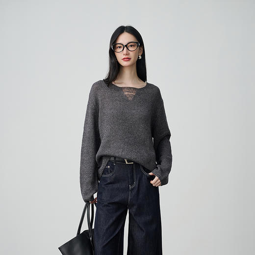 NEELLY纳俪商场同款冬季新款时尚百搭镂空针织衫女宽松休闲上衣N25104A07707 商品图3