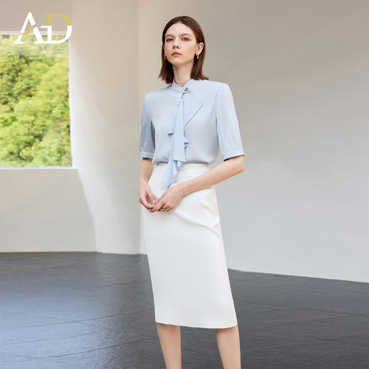 AD蓝色衬衫女夏季薄款轻熟风上衣短袖职场正式场合女士衬衣套装裙 商品图3