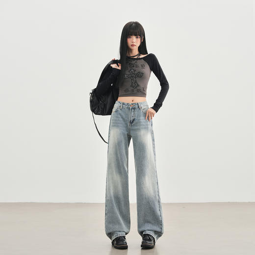 罗蒙秋冬窄版浅色牛仔裤女士复古美式直筒裤宽松显瘦阔腿拖地长裤子 商品图1