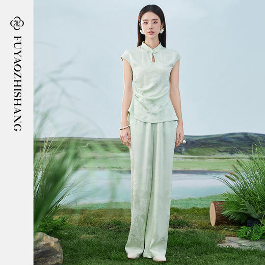 FUYAO扶摇 绿色衬衫阔腿裤两件套女夏季新款盐系轻熟国风茶服套装 商品图3